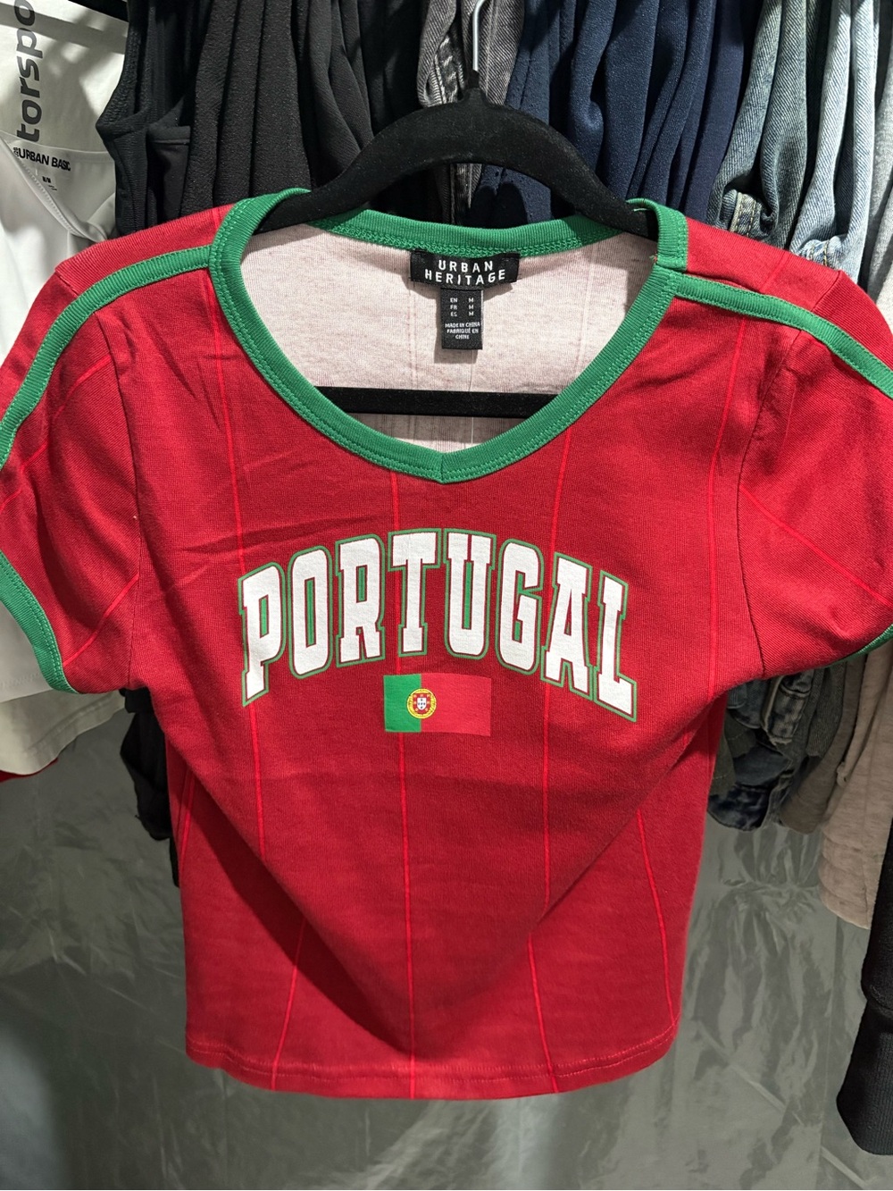 Urban Heritage Red Tee with Green Trim and Portugal Chest Graphic